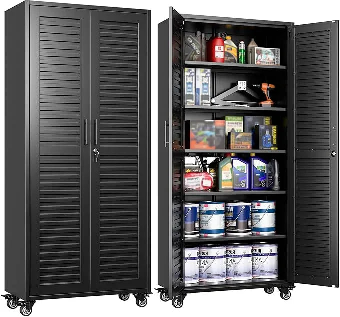 SUXXAN Garage Storage Cabinet with Wheels Pegboard and 5 Adjustable Shelves, 71"x 31.5"x15.8" Metal Lockable Cabinet with Louvered Doors, Tool Storage, Home Office Garage, Gym, School (Black) - NeatNest