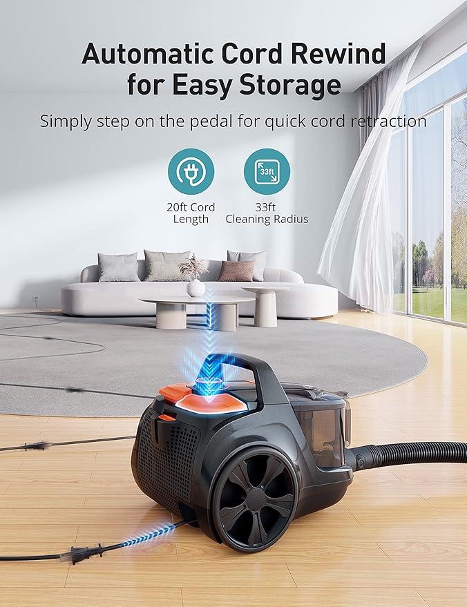 Aspiron Canister Vacuum, Upgraded 1600W Bagless Canister Vacuum Cleaner, Auto Cord Rewind, H13 HEPA Filter, 4Qt Large Capacity, 5 Tools for Hard Floors, Carpet, Pet, Upholstery, Tiles, Apricot - NeatNest