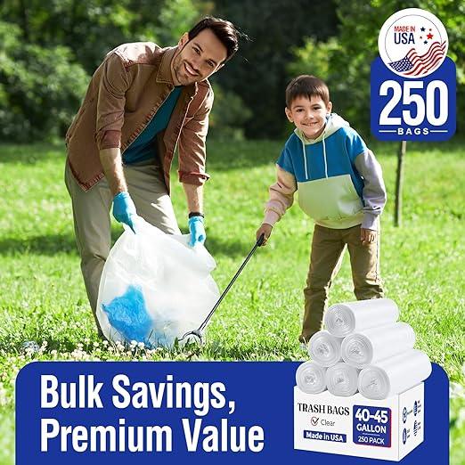 Delxo 40-45 Gallon Clear Trash Bags, 250 Count – Medium Duty Garbage Bags, Thick, Durable & Puncture-Resistant Plastic – Made in USA for Kitchen, Yard, Office & Party - NeatNest