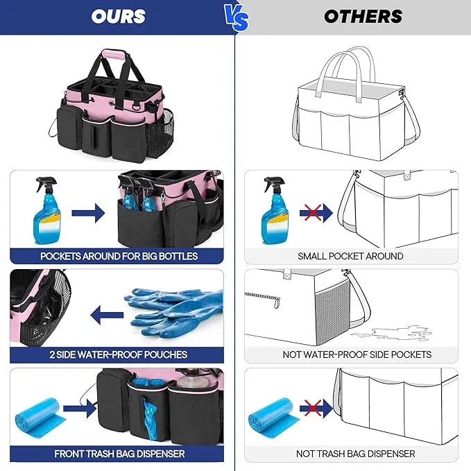 LoDrid Large Professional Cleaning Caddy with Detachable Divider, Supply Organizer with Handle and Shoulder Strap, Cleaning Bags for Housekeepers & Cleaners, Pink - NeatNest