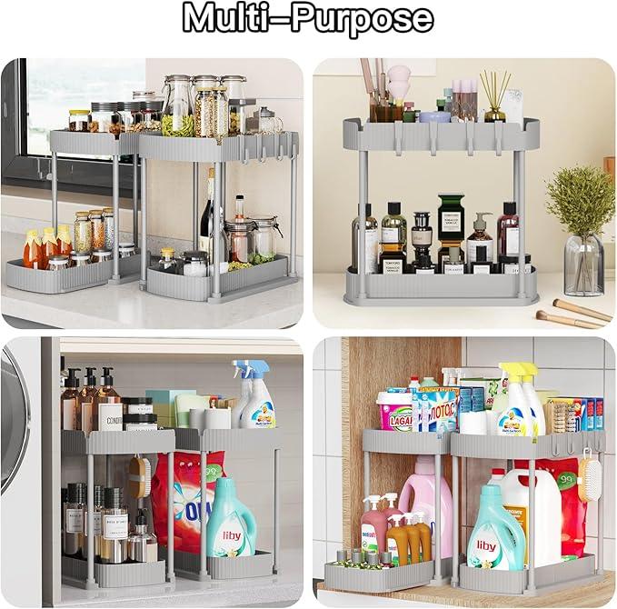 2 Pack Multi-Purpose Pull-Out Storage Organizers, Under Sink Organizers and Storage for Bathroom & Kitchen, Under Cabinet Organizers and storage, 12.8 Inch, Grey - NeatNest