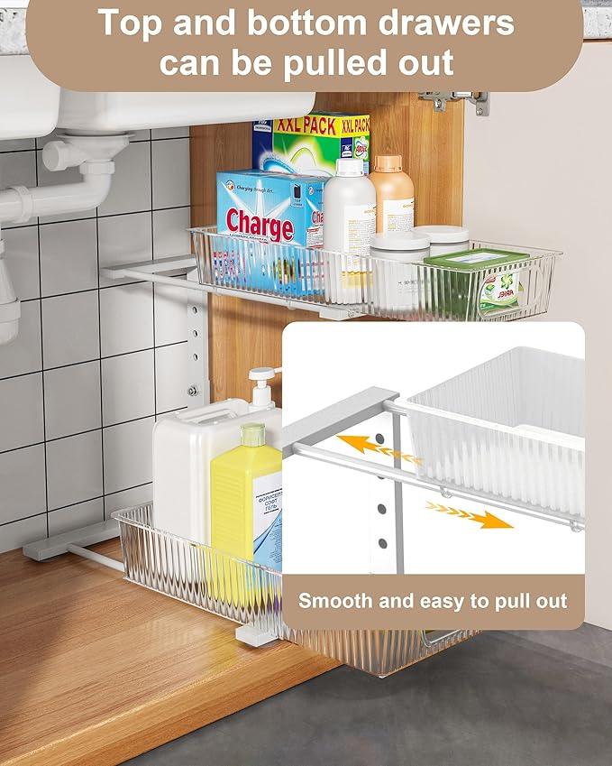 UMDONX Under Sink Organizer 2-Pack Adjustable Bathroom Under Sink Pull-Out Organizer with 5 Adjustable Heights for Kitchen, Bathroom & Laundry Storage - NeatNest