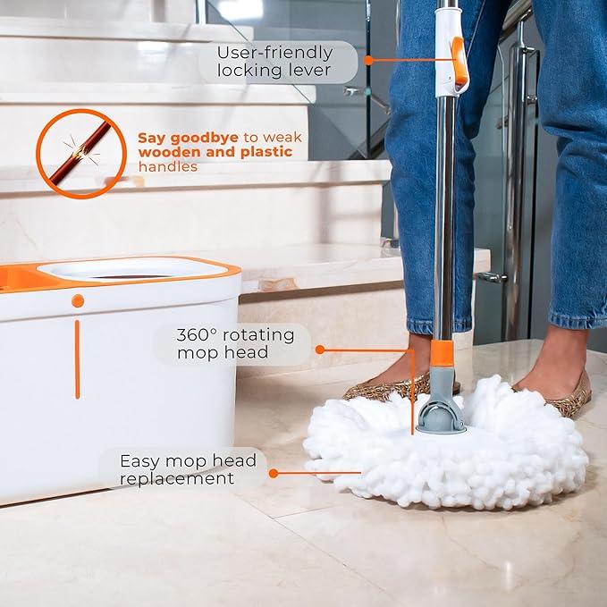 Spin Mop and Bucket Set Cleaning System Wringer 360 Microfiber Mop with Stainless Steel Handle Self Wringing Bucket for Tile Hardwood Laminate Floors Includes 2 Mop Head Refills - NeatNest