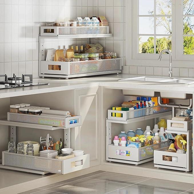 2 Pack 21.3IN-Depth Under Sink Organizer With Next-Gen Ball-Bearing Slides,2-Tier Pull Out Cabinet Storage,Height Adjustable Drawer Shelf for Bathroom,Kitchen,Laundry,Cabinet,Pantry-White - NeatNest