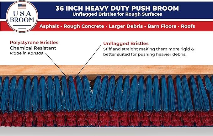 36" Heavy Duty Outdoor Push Broom with 60" Handle. Ideal for Ashpalt, Concrete & Heavy Debris. Durable American Made Steel Brackets-Stainless Steel Hardware. No Plastic. 100% Made in The USA. - NeatNest