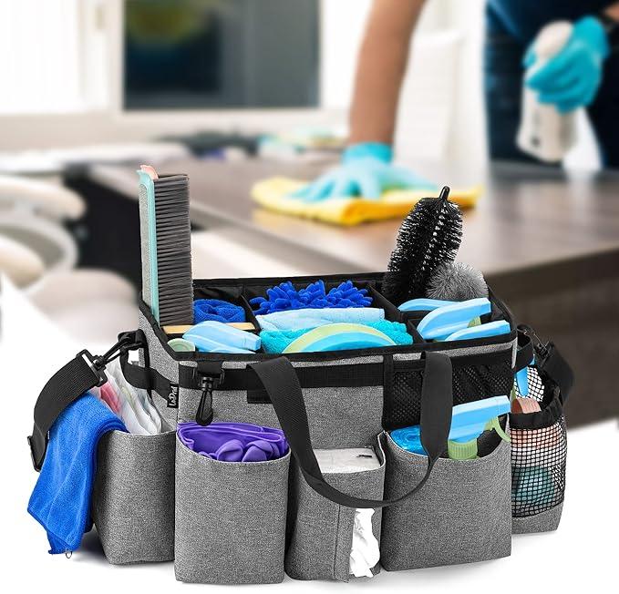 LoDrid Wearable Cleaning Caddy Bag with 4 Foldable Dividers, Cleaning Supply Organizer with Shoulder Strap and Side Handles for Cleaners & Housekeepers, Grey - NeatNest
