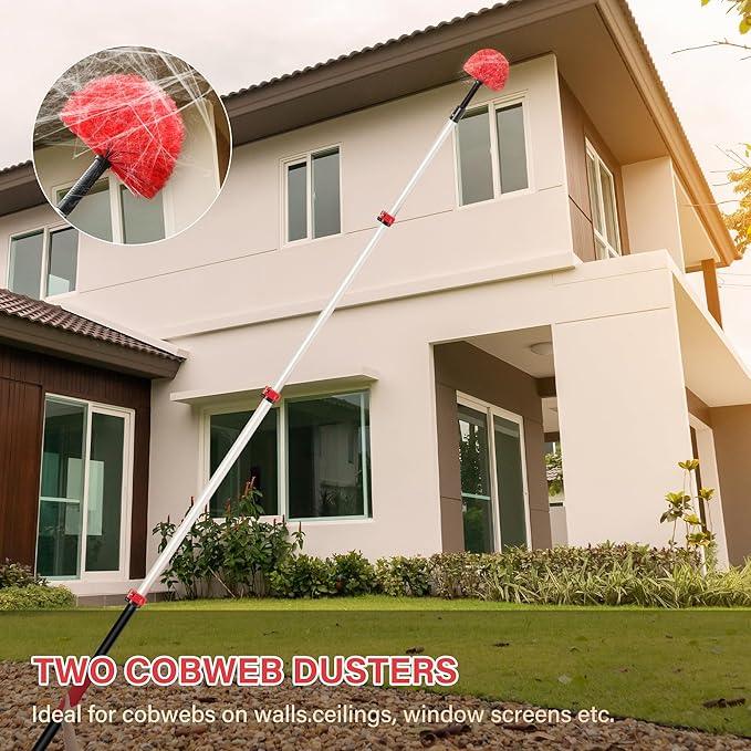 5-12 FT Extension Pole with 2 Outdoor Cobweb Brushes, 20 FT High Reach Ceiling Fan Cleaner Duster for Home, 12 FT Extendable Pole with 4 Pcs Dusting Tools, Cubweb Dusters, Feather Dusters, Fan Duster - NeatNest