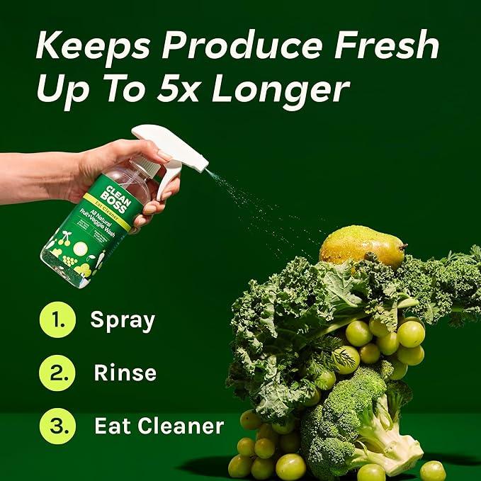 CleanBoss Eat Cleaner Triple-Action Fruit + Veggie Wash Refill - 64 oz - Removes Harmful Residue - Keeps Produce Fresh Up to 5X Longer - Vegan, Gluten Free - NeatNest