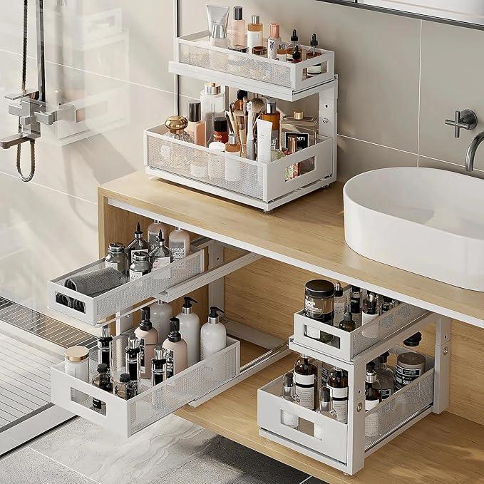 2 Pack Under Sink Organizer With Next-Gen Ball-Bearing Slides,2-Tier Pull Out Cabinet Storage,Height Adjustable Drawer Shelf for Bathroom,Kitchen,Laundry,Cabinet,Pantry(Patent Pending) - NeatNest