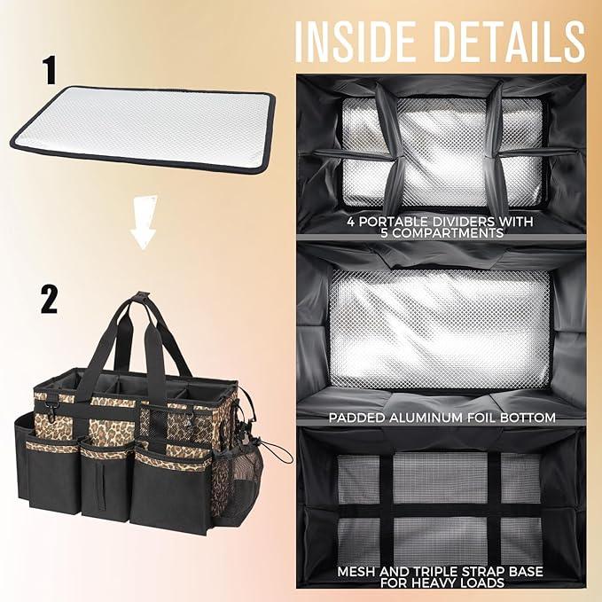 Wearable Cleaning Caddy, Cleaning Caddy Supplies Organizer with Handle & Shoulder Straps for Housekeepers, Under Sink & Car Cleaning Tool Organizers Bag with 4 Foldable Divider (Leopard) - NeatNest