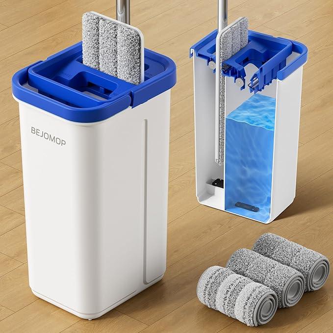 Mop and Bucket Set with Wringer, Squeeze Wall Mop Cleaner with Long Handle, Flat Mop and Bucket System, Dry & Wet Dust Mops for Household Floor Cleaning with 3 Microfiber Mops, Slate Blue - NeatNest