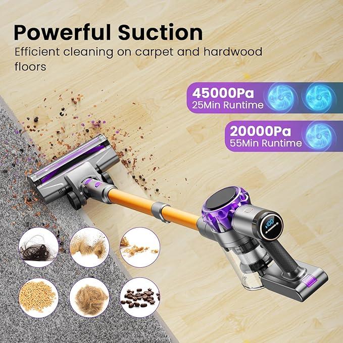 S3P Cordless Vacuum Cleaner, 45kPa Powerful Suction Vacuum Cleaners for Home, 55-Min Runtime Rechargeable Stick Vacuum, Self-Standing, for Pet Hair Carpet Hard Floor, LED Display - NeatNest
