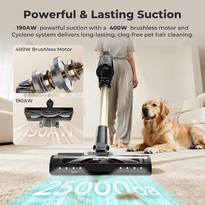 Candy Cordless Vacuum Cleaner,65Mins Stick Vacuum Cleaners for Home,400W/190AW Powerful Suction,Anti-Tangle,LED Display,Self-Standing,One-Click Clean,Handheld,Hardwood Floor/Carpet/Pet Hair,CVS30 - NeatNest