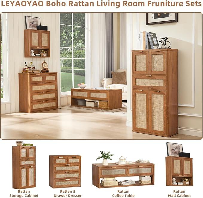 LEYAOYAO 48" Tall Storage Cabinet Set of 2,Rattan Bathroom Floor Cabinets with 4 Doors & 1Drawer,Boho Kitchen Pantry with Adjustable Shelves,Wooden Cupboard for Living Room,Home Office,Brown - NeatNest