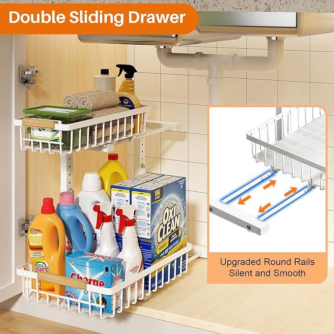 REALINN Under Sink Organizer, Height Adjustable Under Sink Organizers and Storage, 2 Tier Pull Out Drawer Cabinet Storage for Kitchen Bathroom, 1 Pack, White - NeatNest