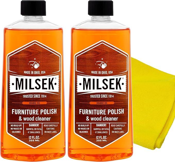 Milsek Furniture Polish and Wood Cleaner with Orange Oil - Multipurpose Cleaning Supplies for Home and Household from Hardwood Floors to Kitchen Cabinets- 12 Fl Oz (Pack of 2) with Microfiber Towel - NeatNest