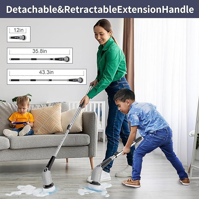 YKYI Electric Spin Scrubber,Cordless Electric Cleaning Brush,Power Scrubber with 8 Replaceable Brush Heads,3 Adjustable Speeds,Voice Broadcast,Shower Scrubber with Long Handle for Bathtub Tile Floor - NeatNest