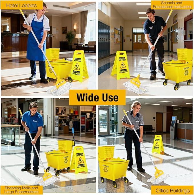 35 Qt Commercial Mop Bucket with Side Press Wringer on Wheels,Heavy Duty Industrial Mop and Bucket Set for Floor Cleaning,Including 1 Wet Floor Caution Sign for Household,Business,Yellow - NeatNest