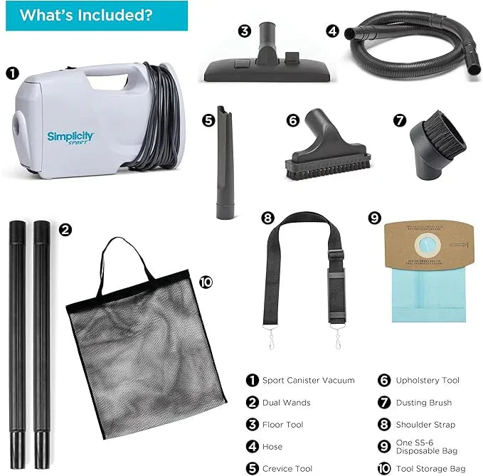 Simplicity Vacuums Sport Small Canister Vacuum Cleaner for Stairs with Carry Strap, Hard Floor Vacuum with Attachments and Storage Bag, Compact RV Vacuum Cleaner, White, S100.6 - NeatNest