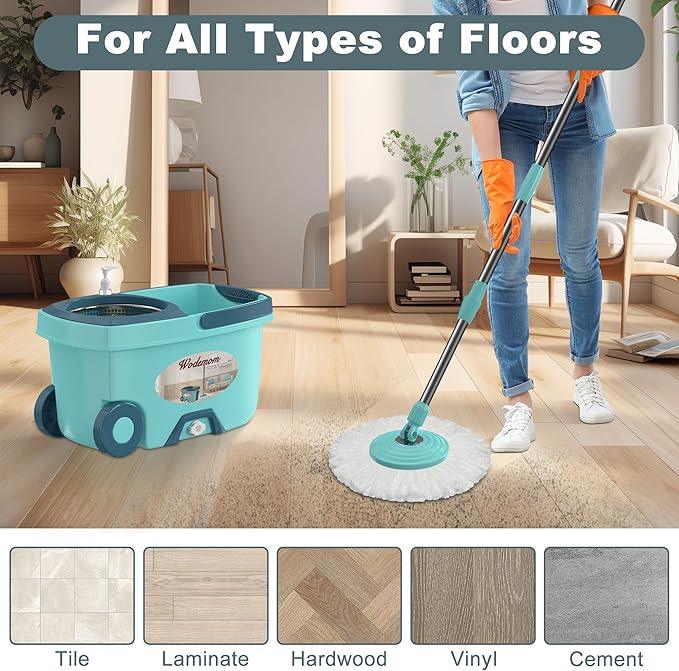 Spin Mop and Bucket System, Mop and Bucket with Wringer Set,Mops for Floor Cleaning,Household Supplies Tools with 3 Replacement Refills,61" Extended Handle for Household Hardwood Floor - Green - NeatNest