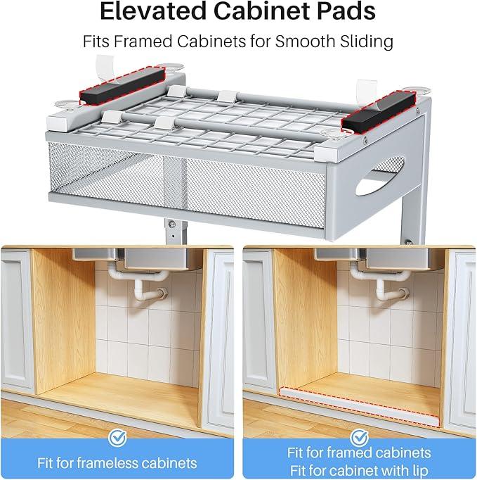 Under Sink Organizer, 2 Pack 2 Tier Pull Out Under Cabinet Organizer Shelf with Pad for Framed Cabinets, Metal Slide Out Under Sink Storage, Mesh Sliding Drawers for Kitchen Bathroom Laundry, Grey - NeatNest