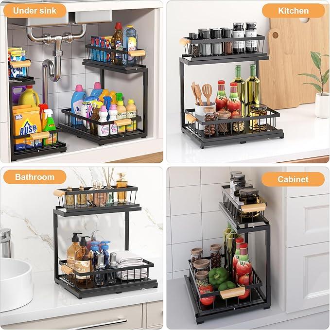Under Sink Organizer, Pull Out Cabinet Organizer 2 Tier Slide Out Sink Shelf Cabinet Storage Shelves,Kitchen & Bathroom Organizers,Metal (Black, 1 Pack-14.6 * 10.6 * 16.5in) - NeatNest