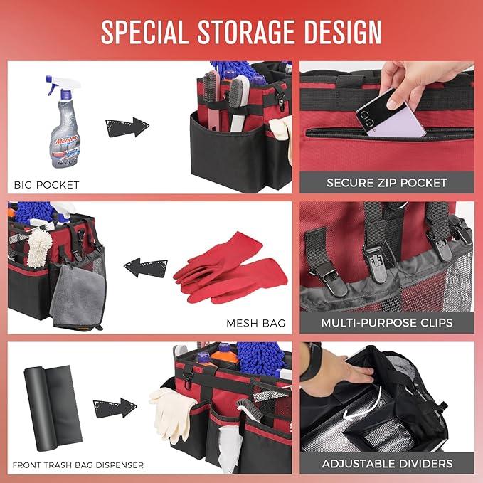 Wearable Cleaning Caddy, Cleaning Caddy Supplies Organizer with Handle & Shoulder Straps for Housekeepers, Under Sink & Car Cleaning Tool Organizers Bag with 4 Foldable Divider (Wine) - NeatNest