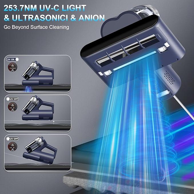 Mattress Vacuum Bed Vacuum Cleaner with 253.7nm UV-C Light, Hyper Helix Motor with 16kPa Strong Suction & 33000 RPM/Min Tapping, HEPA Filter, 149℉ Heat & Ultrasonic & Anion for Bed and Pet - NeatNest