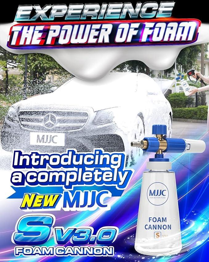 MJJC Foam Cannon S V3.0 (Thicker Snow Foam Technology) with 1/4 Inch Quick Connector for Pressure Washer, 34 oz Bottle (V3.0 (1/4" Quick Connector) + SOAP Sample) - NeatNest
