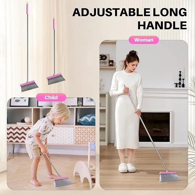 JOYMOOP Pink Broom and Dustpan Set with 56” Handle, Upright Angle with Built-in Comb Teeth for Hardwood Floors and Pet Hair - NeatNest