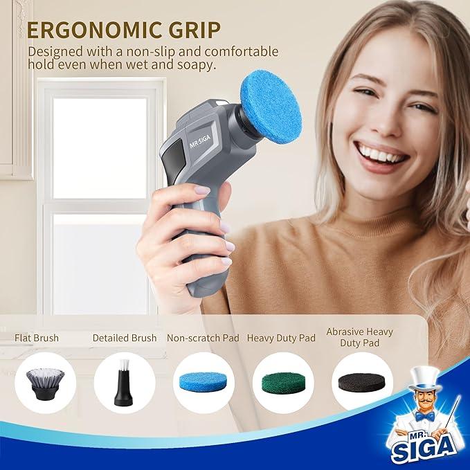 MR.SIGA Electric Spin Scrubber for Kitchen and Bathroom Cleaning, Waterproof Rechargeable Cordless Spin Scrubber with 5 Replaceable Cleaning Brushes and Pads - NeatNest