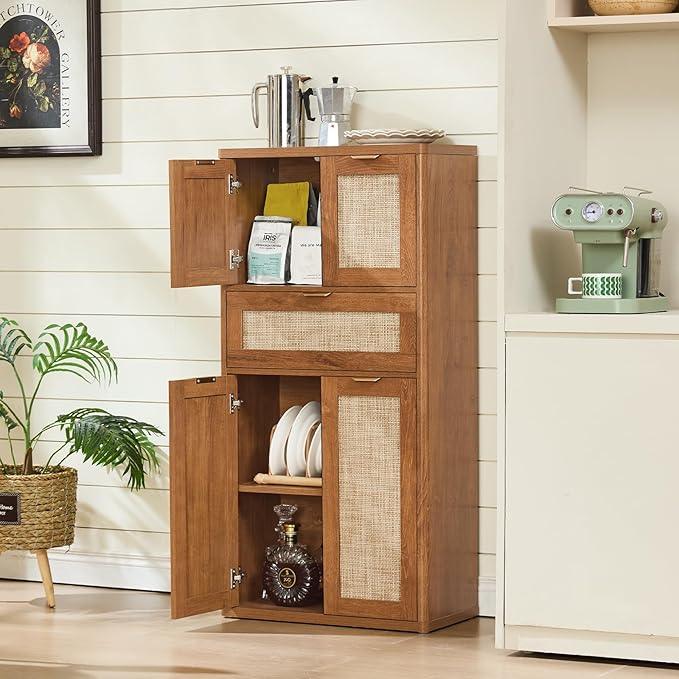 LEYAOYAO 48" Tall Storage Cabinet,Rattan Bathroom Floor Cabinets with 4 Doors & 1Drawer,Boho Kitchen Pantry with Adjustable Shelves,Wooden Cupboard for Living Room,Home Office,Dining,Brown - NeatNest
