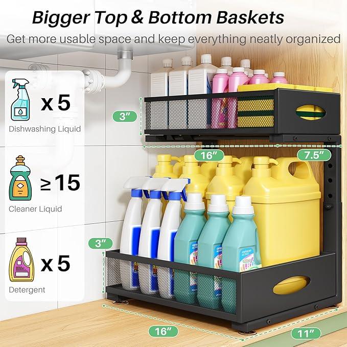 Under Sink Organizer, 2-Pack Pull Out Cabinet Organizer 2 Tier Metal Slide Out Storage Shelf Rack, L-Shaped Adjustable Height,Mesh Sliding Drawer for Kitchen, Bathroom, Laundry, Pantry, Black, XL - NeatNest