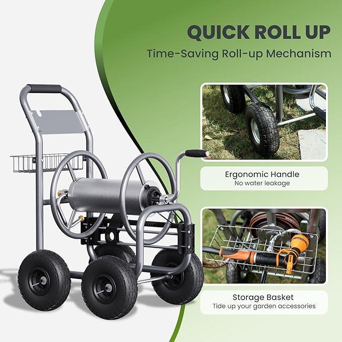 Giraffe Tools Heavy Duty Garden Hose Reel Cart with Wheels - Industrial Outdoor Hose Storage Reel, Pre-Installed Guide for 250-Feet of 5/8" Hose Capacity - NeatNest