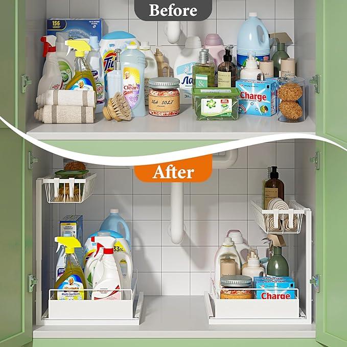 REALINN Under Sink Organizer, Height Adjustable Pull Out Cabinet Organizer, 2 Tier Under Sink Organizers and Storage for Kitchen Bathroom Laundry, White, 2 Pack - NeatNest