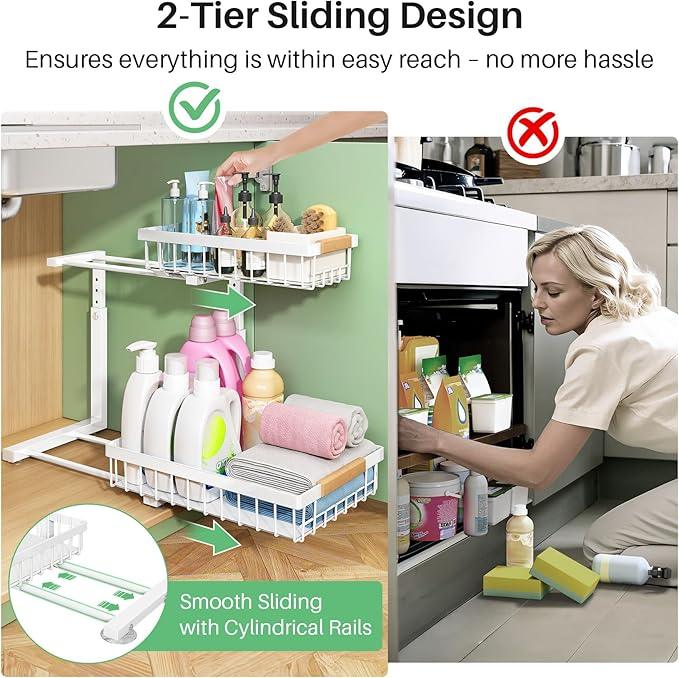 Under Sink Organizer, 2 Packs 2 Tier Under Sink Organizers and Storage, Slide out Pull out Cabinet Organizer Shelf, Metal Sliding Drawer for Kitchen Bathroom Pantry Closet Rack(White) - NeatNest
