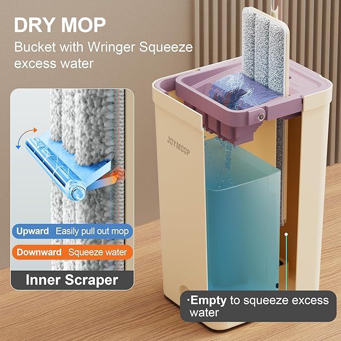 JOYMOOP Mop and Bucket Set (Beige & Blush Brown) with Extension Handle, Ideal for Floor, Window, and Wall Cleaning - Includes 5 Washable Microfiber Pads for Wet and Dry Use - NeatNest