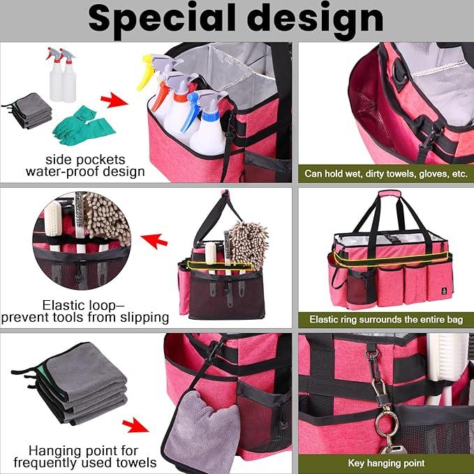 Extra large Cleaning Caddy Bag Built-in Sturdy Support Board, Cleaning Organizer with Detachable Divider, Cleaning Supply Tote with Adjustable Shoulder Strap (Pink, 19'' x 11'' x 11'') - NeatNest