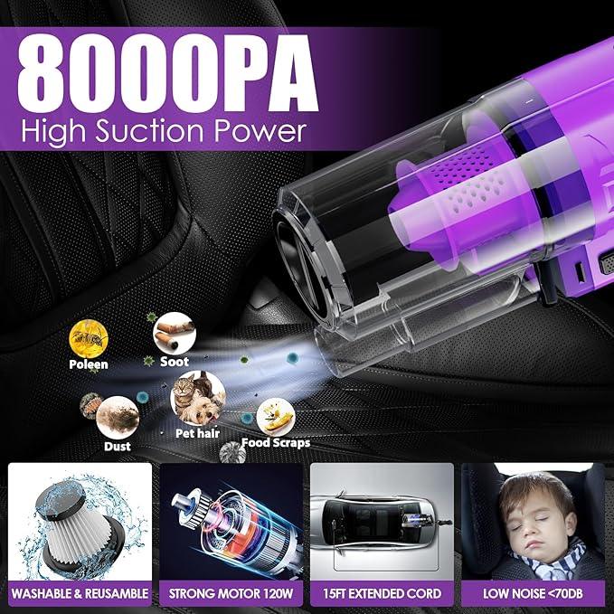 Viewsun 17PCS Car Cleaning Kit, Purple Car Interior Detailing Kit with High Power Handheld Vacuum, Detailing Brush Set, Windshield Cleaner, Cleaning Gel, Complete Auto Accessories for Women Gift - NeatNest