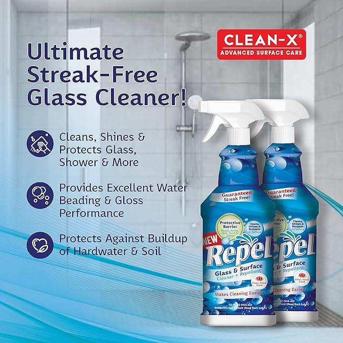 Clean-X REPEL Glass & Surface Cleaner 32 fl. oz. - Cleans & Repels water spots and dirt on glass, mirror, tile and multi surface by UNELKO (2) - NeatNest