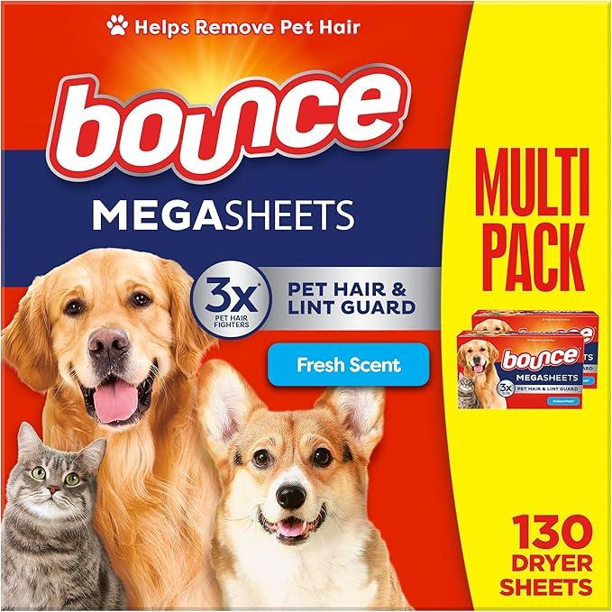 Bounce Pet Hair and Lint Guard Mega Dryer Sheets with 3X Pet Hair Fighters, Fresh Scent, 130 Count - NeatNest