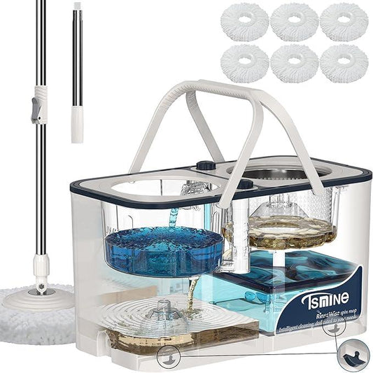 Gen 1 Large-Capacity Spin Mop and Bucket – for Big Homes & Deep Cleaning Days,4-Chamber System Separates Dirty & Clean Water, 2-GAL Heavy-Duty Design with Wheels & 6 Refill Mop Heads - White/Grey - NeatNest