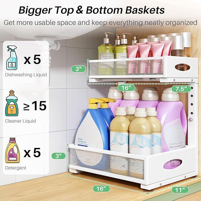 Under Sink Organizer, 1-Pack Pull Out Cabinet Organizer 2 Tier Metal Slide Out Storage Shelf Rack, L-Shaped Adjustable Height,Mesh Sliding Drawer for Kitchen, Bathroom, Laundry, Pantry, White, XL - NeatNest