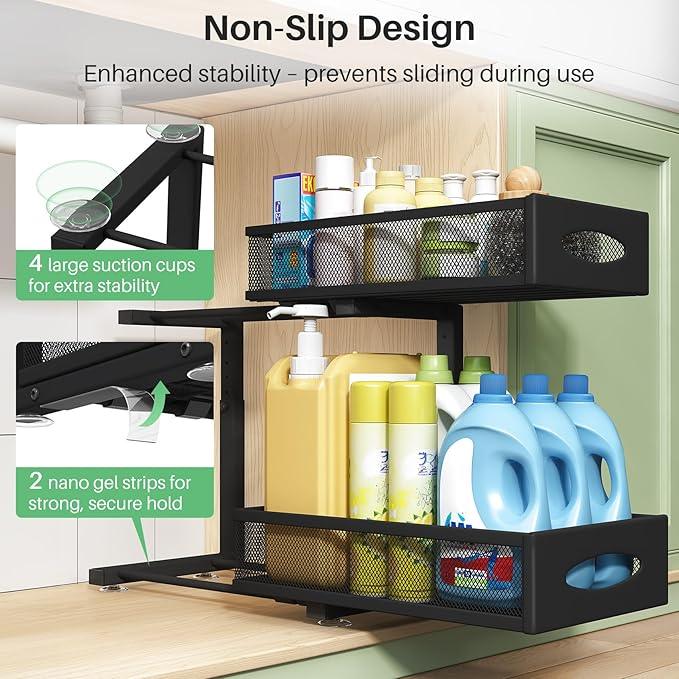 Under Sink Organizer, 2 Pack 2 Tier Pull out Cabinet Organizer Baskets with Mesh Sliding Drawers, Slide out Sink Storage Shelves for Home, Kitchen, Bathroom, Pantry, Office Organizers and Storag,Black - NeatNest
