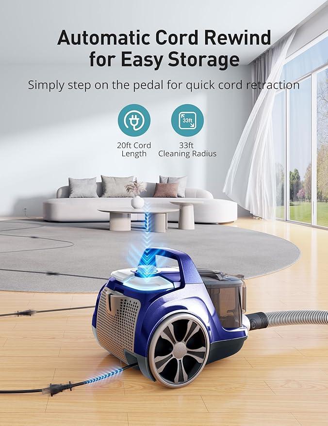 Aspiron Canister Vacuum, Upgraded 1600W Bagless Canister Vacuum Cleaner, Auto Cord Rewind, H13 HEPA Filter, 4Qt Large Capacity, 5 Tools for Hard Floors, Carpet, Pet, Upholstery, Tiles, Indigo - NeatNest
