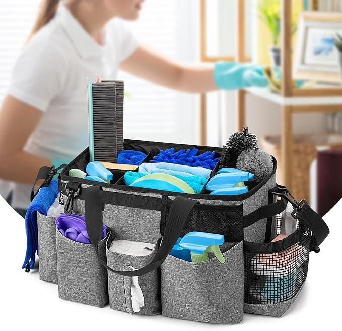LoDrid Wearable Cleaning Caddy Bag with 4 Foldable Dividers, Cleaning Supply Organizer with Shoulder Strap and Side Handles for Cleaners & Housekeepers, Grey - NeatNest
