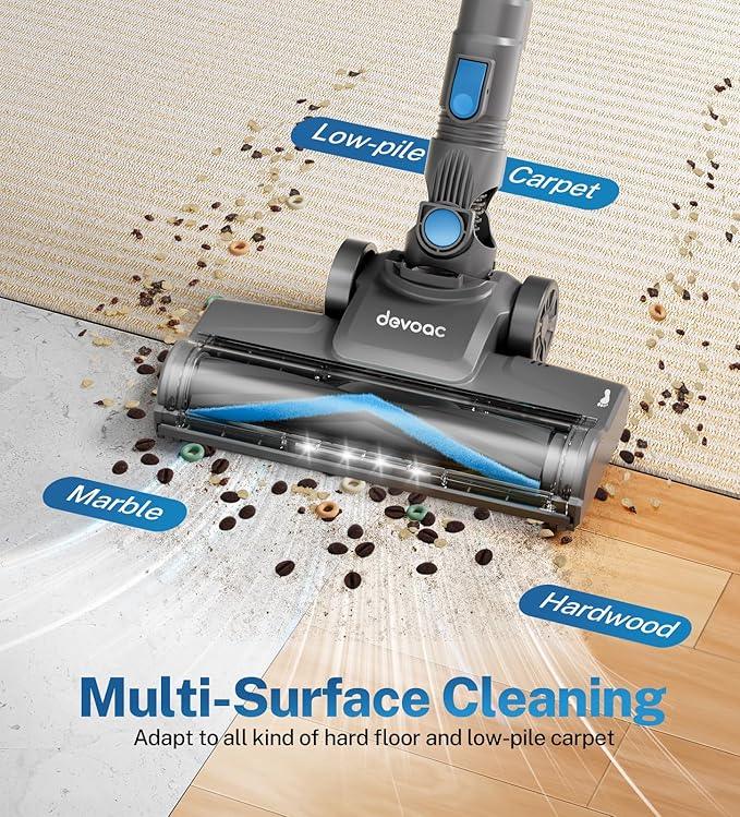 DEVOAC N300 Cordless Vacuum Cleaner, 6 in 1 Lightweight Stick Vacuum, 2200mAh Battery Up to 40mins Runtime, Powerful Handheld Vacuum for Hard Floor Rug Pet Hair Home Dorm (Blue) - NeatNest