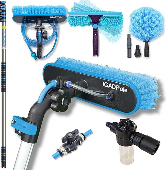 IGADPole 24 FT Water-Fed Washing Kit with Soap-Dispenser, Brush, 10″ Squeegee & Cobweb Duster for Windows, Gutters, Solar Panels & Exterior Walls - NeatNest