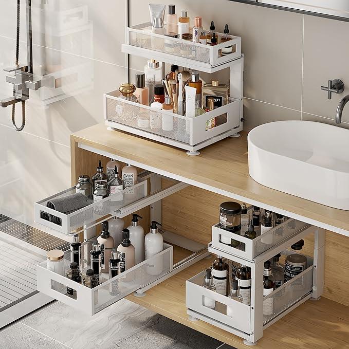 2 Pack Under Sink Organizer with Next-Gen Ball-Bearing Slides,2-Tier Pull Out Cabinet Storage,Height Adjustable Drawer Shelf for Bathroom,Kitchen,Laundry,Cabinet,Pantry(Patent Pending) - NeatNest