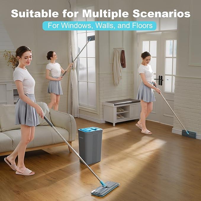 JOYMOOP Mop and Bucket Set with Wringer, Mops for Floor Cleaning, Wall Mop Cleaner with Long Handle, with 4 Reusable Microfiber Mop Pads - Grey+Cyan Blue - NeatNest